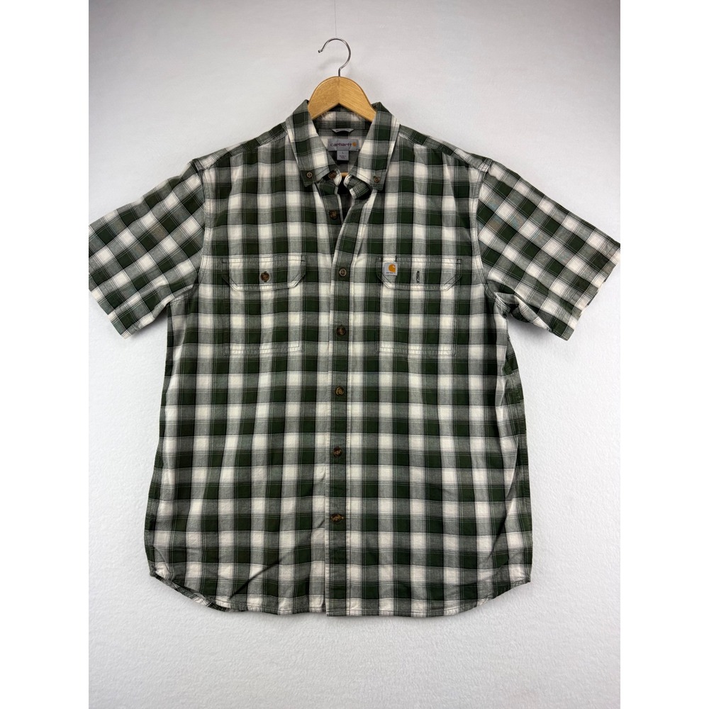Carhartt Shirt Mens Large Green White Plaid Relaxed‎ Fit Short Sleeve Workwear